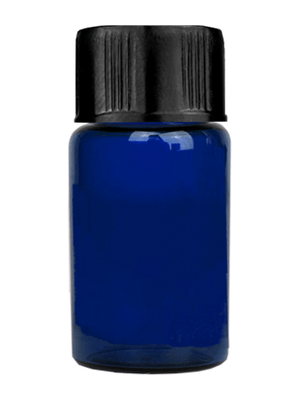 Vial design 5/8 dram Blue glass vial with black short cap.