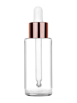 Cylinder design 25 ml  clear glass bottle  with white dropper with matte copper collar cap.