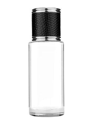 Cylinder design 25 ml clear glass bottle  with reducer and black faux leather cap.