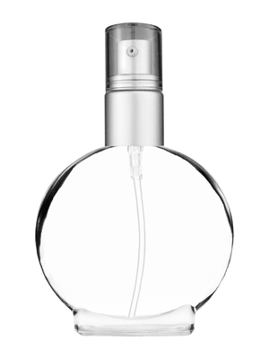 Circle design 50 ml, 1.7oz  clear glass bottle  with with a matte silver collar treatment pump and clear overcap.