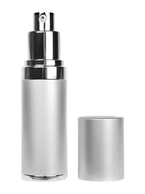Silver metal shell and metal cap, refillable lotion bottle 1oz.