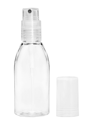 Plastic Bottle with Clear Spray Top and Clear Cap. Capacity: 1oz (28ml).