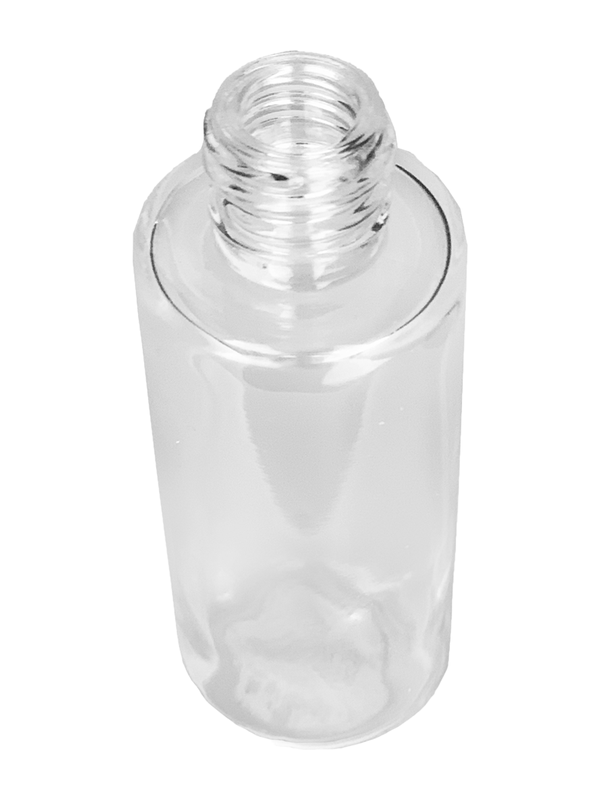 Cylinder design 25 ml  clear glass bottle with reducer and brown faux leather cap.