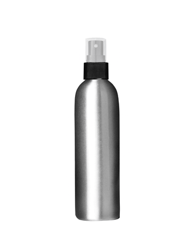 Cylinder shaped, matte aluminum 250 ml bottle with black sprayer.