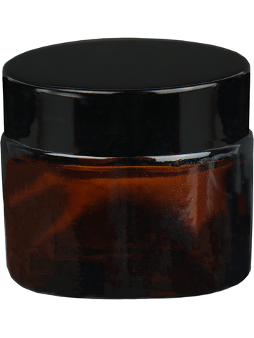 Cream glass jar style 30 ml amber bottle with black cap.