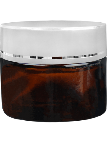 Glass, cream jar style 40 ml amber bottle with silver cap.