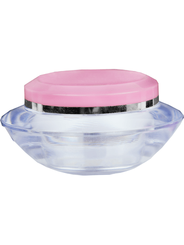 Plastic, cream jar style 15 ml bottle with pink cap.