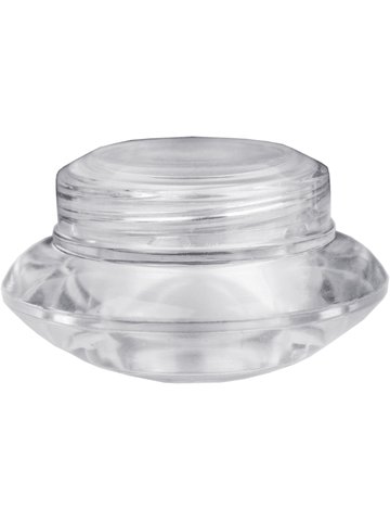 Plastic, cream jar style 3 ml bottle with clear cap.