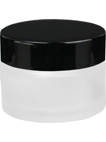 Cream glass jar style 30 ml frosted bottle with black cap.