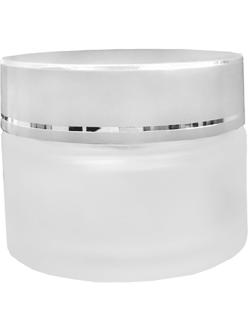 Glass, cream jar style 40 ml frosted bottle with silver cap.