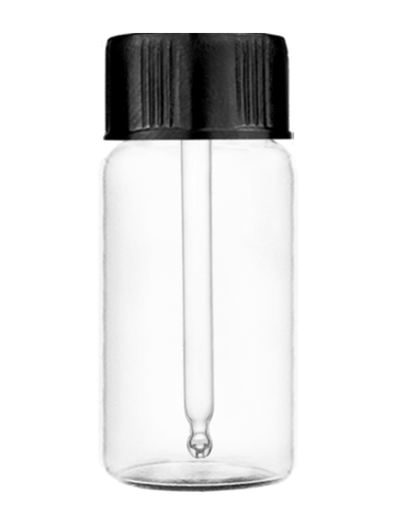 Cylinder design 9 ml clear glass vial with black cap with glass rod applicator.