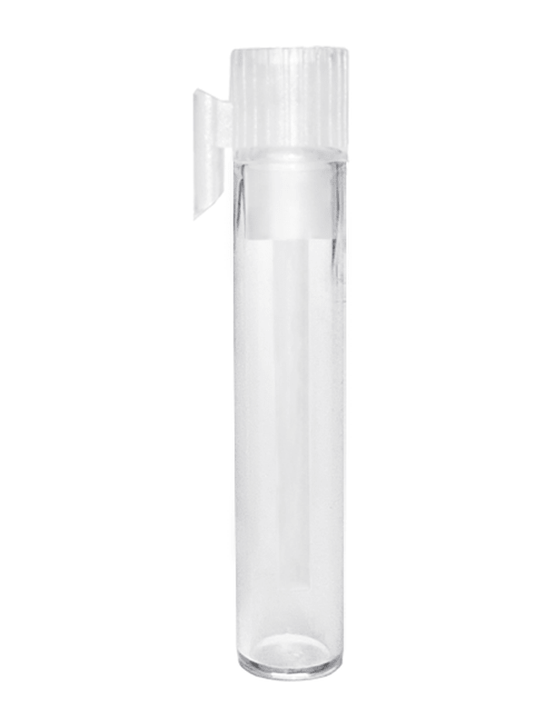Vial style 1 ml clear glass bottle with white applicator.
