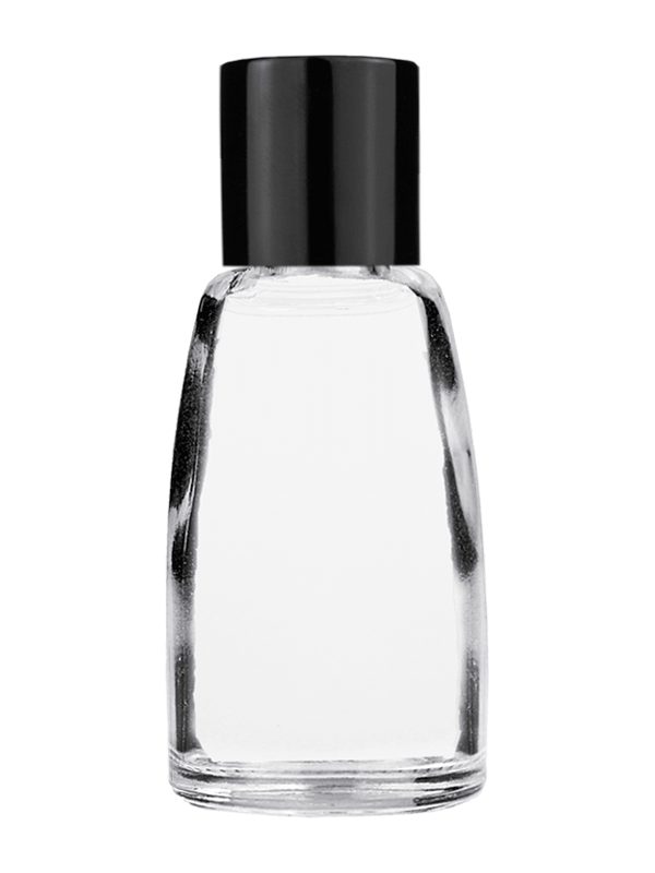 Empty Clear glass bottle with short shiny black cap capacity: 10ml. For use with perfume or fragrance oil, essential oils, aromatic oils and aromatherapy.