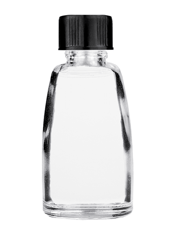Bell design 10ml Clear glass bottle with short black ridged cap.