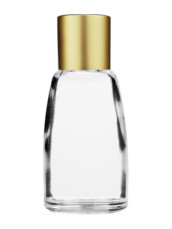 Empty Clear glass bottle with short matte gold cap capacity: 10ml. For use with perfume or fragrance oil, essential oils, aromatic oils and aromatherapy.