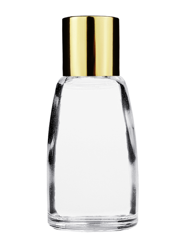 Empty Clear glass bottle with short shiny gold cap capacity: 10ml. For use with perfume or fragrance oil, essential oils, aromatic oils and aromatherapy.