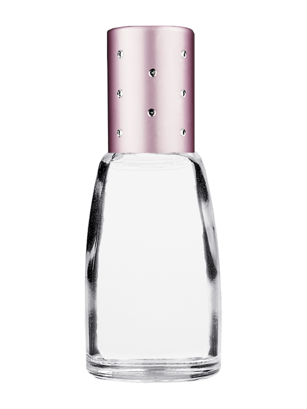 Bell design 10ml Clear glass bottle with metal roller ball plug and pink cap with dots.