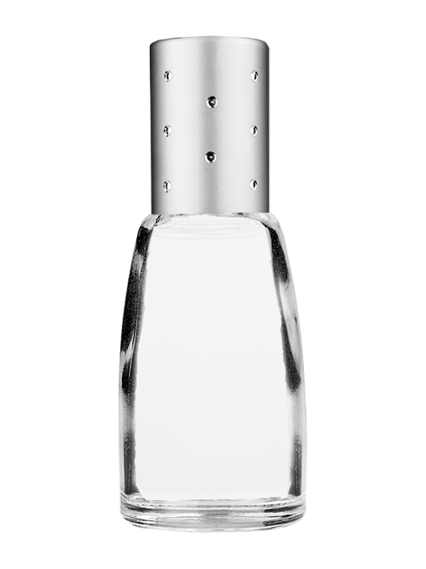 Bell design 10ml Clear glass bottle with metal roller ball plug and silver cap with dots.