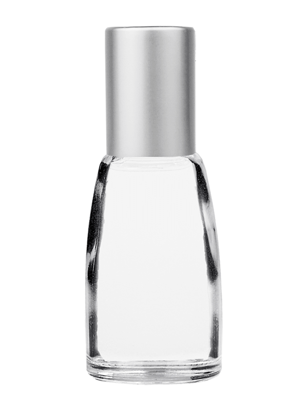 Bell design 10ml Clear glass bottle with metal roller ball plug and matte silver cap.