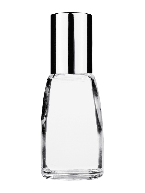 Bell design 10ml Clear glass bottle with metal roller ball plug and shiny silver cap.