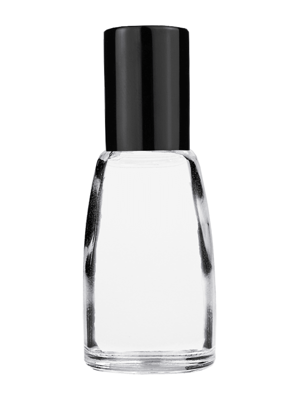 Bell design 10ml Clear glass bottle with plastic roller ball plug and black shiny cap.