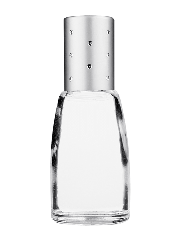 Bell design 10ml Clear glass bottle with plastic roller ball plug and silver cap with dots.