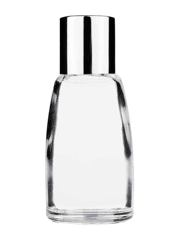 Empty Clear glass bottle with short shiny silver cap capacity: 10ml. For use with perfume or fragrance oil, essential oils, aromatic oils and aromatherapy.