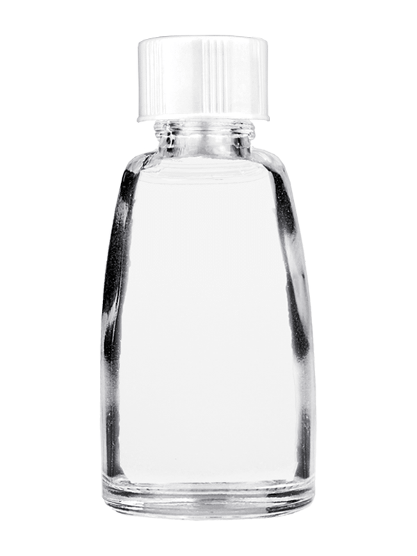 Bell design 10ml Clear glass bottle with short white ridged cap.