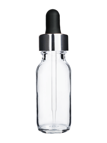 Boston round design 15ml, 1/2 oz  Clear glass bottle and black dropper and a shiny silver trim cap.