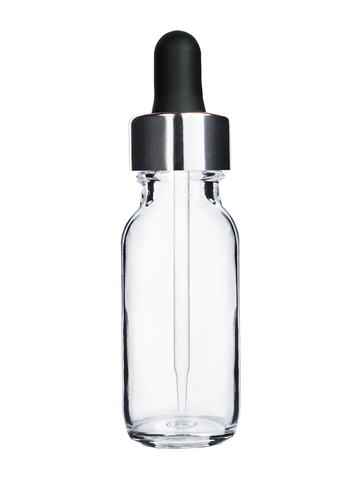 Boston round design 15ml, 1/2 oz  Clear glass bottle and black dropper with a shiny silver trim cap.