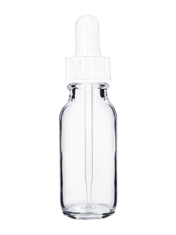Boston round design 15ml, 1/2 oz  Clear glass bottle with a white dropper.