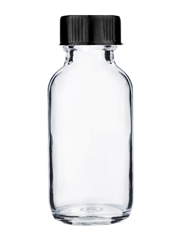 Boston round design 30ml, 1oz Clear glass bottle with short ridged black cap.