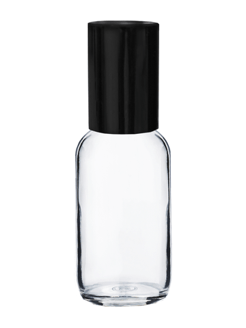 Boston round clear glass bottle with metal roll on and black cap, 1 oz capacity