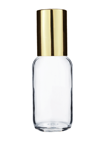 Boston round design 30ml, 1oz Clear glass bottle with metal roller plug and shiny gold cap.