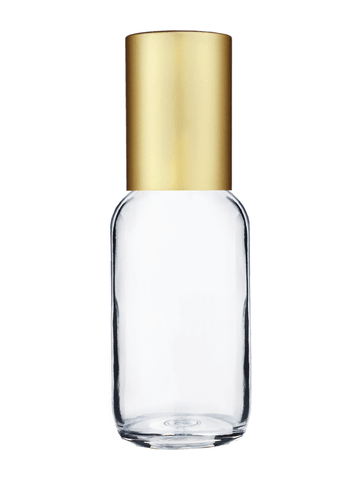 Boston round design 30ml, 1oz Clear glass bottle with metal roller plug and matte gold cap.