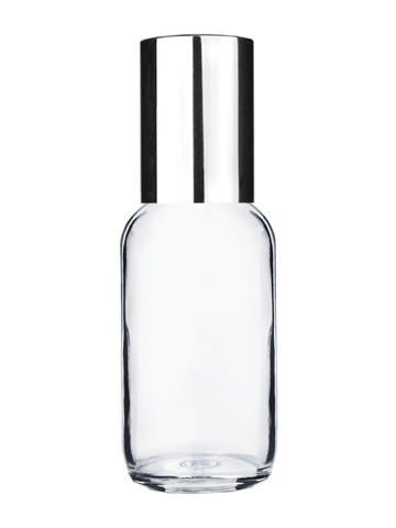 Boston round design 30ml, 1oz Clear glass bottle with metal roller plug and shiny silver cap.