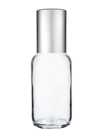 Boston round design 30ml, 1oz Clear glass bottle with plastic roller ball plug and matte silver cap.