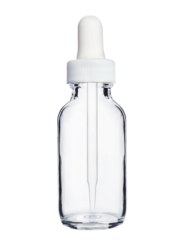 Boston round design 30ml, 1oz Clear glass bottle with white dropper.