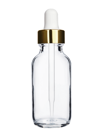 Boston round design 30ml, 1oz Clear glass bottle and white dropper with a shiny gold trim cap.