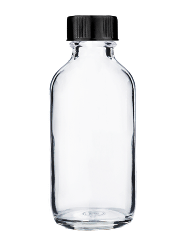 Boston round design 60ml, 2oz Clear glass bottle with short black cap.