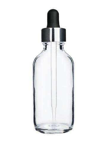 Boston round design 60ml, 2oz Clear glass bottle and black dropper with a shiny silver trim cap.