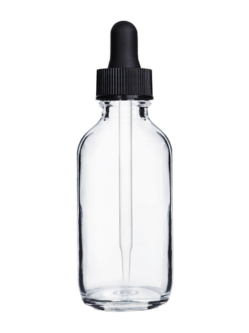 Boston round design 60ml, 2oz Clear glass bottle with black dropper.