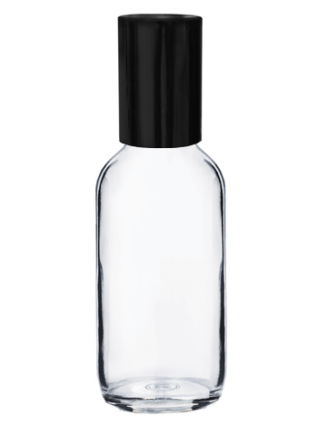Boston round design 2 ounce clear glass bottle with metal roller ball plug and shiny black cap,