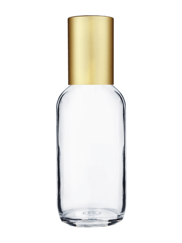 Boston round design 60ml, 2oz Clear glass bottle with metal roller ball plug and matte gold cap.