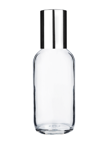 Boston round design 60ml, 2oz Clear glass bottle with metal roller ball plug and shiny silver cap.