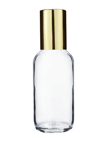 Boston round design 60ml, 2oz Clear glass bottle with plastic roller ball plug and shiny gold cap.