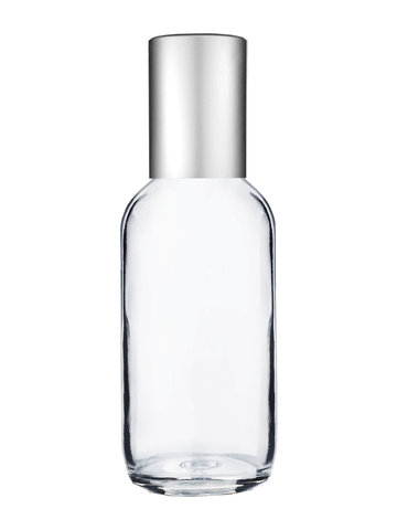 Boston round design 60ml, 2oz Clear glass bottle with plastic roller ball plug and matte silver cap.