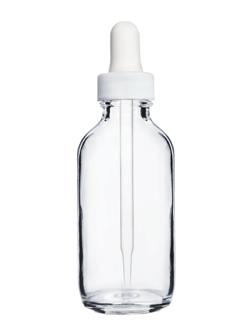 Boston round design 60ml, 2oz Clear glass bottle with white dropper.