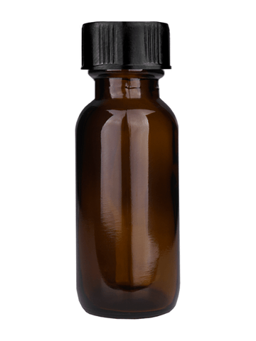 Boston round design 15ml, 1/2 oz  Amber glass bottle with short ridged black cap.