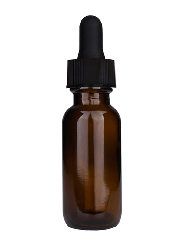 Boston round design 15ml, 1/2 oz  Amber glass bottle with a black dropper.